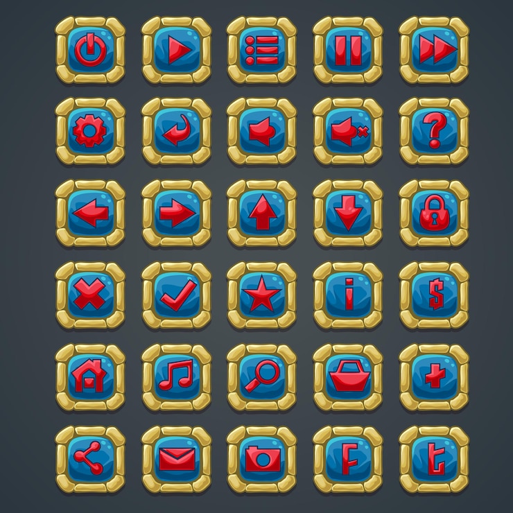 Vector conjunto de botones cuadrados con elementos y símbolos de piedra para interfaz web y juegos de computadora