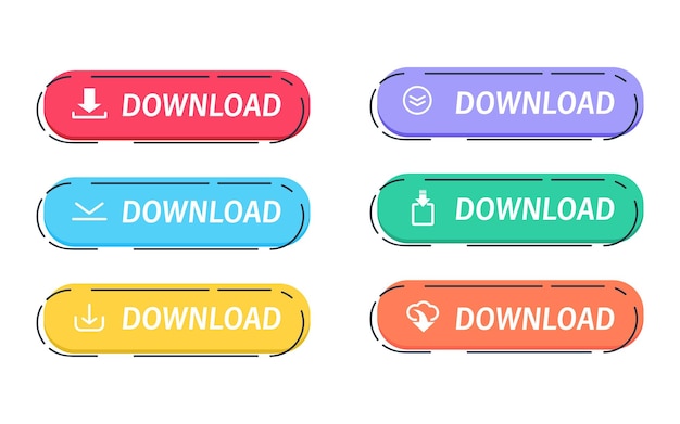 Conjunto de botones de descarga modernos de vector. Interfaz del sitio web. Botón de colección colorido. Descargar icono. Botón de carga
