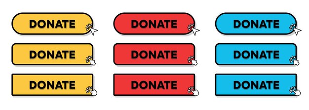 Conjunto de botones de donación con ilustración vectorial del puntero de la mano o de la flecha