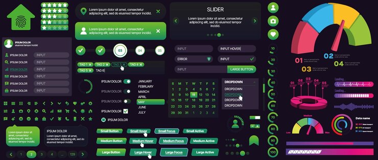 Vector conjunto de botones y elementos de interfaz para aplicaciones móviles y sitios web diseño moderno para la navegación