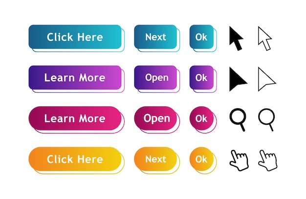 Conjunto de botones de estilo de material moderno con puntero de clic para aplicación móvil de sitio web e infografía diferentes colores de degradado estilo plano de ilustración de vector moderno