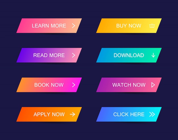 Conjunto de botones de estilo de material moderno para sitio web, aplicación móvil e infografía. diferentes colores degradados.