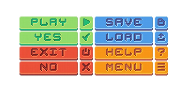 Conjunto de botones de la interfaz del juego botones de menú de píxeles cuadrados arte de píxels vectorial del activo del juego