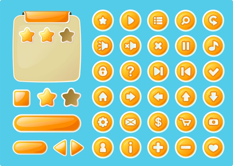 Vector un conjunto de botones para una interfaz de juego de estilo de dibujos animados personalizada