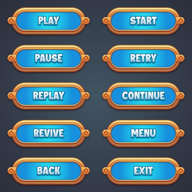 Conjunto de botones de juego azules para juegos móviles con efecto de texto editable gui para construir juegos 2D