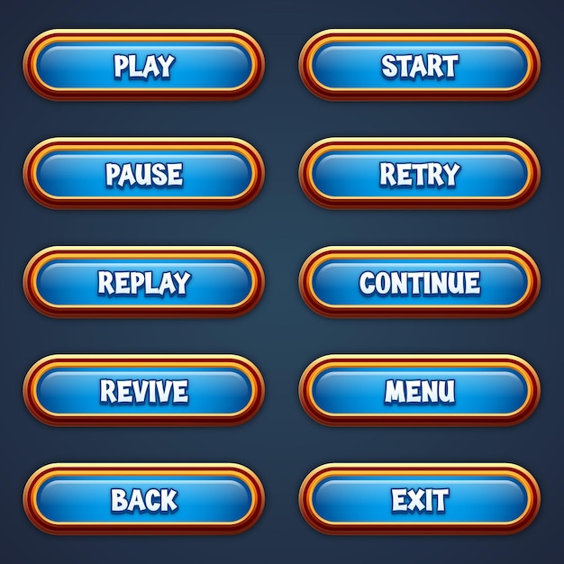 Conjunto de botones de juego azules para juegos móviles con efecto de texto editable gui para construir juegos 2D