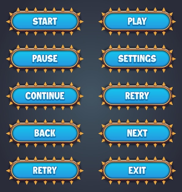 Conjunto de botones de juego azules para juegos móviles con efecto de texto editable gui para construir juegos 2D