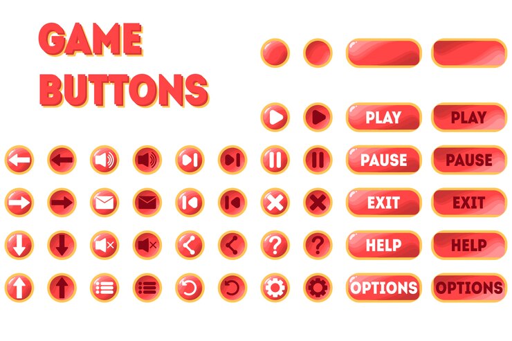 Vector un conjunto de botones para el juego. dos posiciones: original y prensada. pausar, reproducir, salir, opciones, ayuda, flechas, rebobinar, reiniciar, sonido, correo, menú y más.