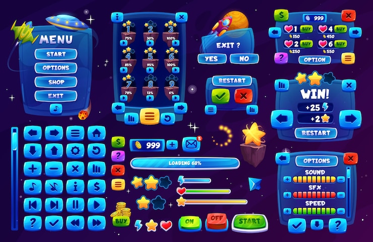 Vector conjunto de botones de juego de interfaz de usuario de interfaz de juego espacial galaxy