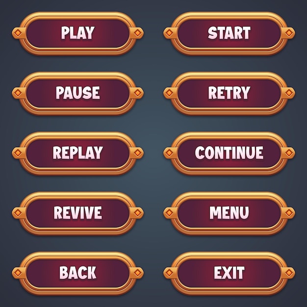 Conjunto de botones de juego marrones para juegos móviles con efecto de texto editable gui para construir juegos 2D