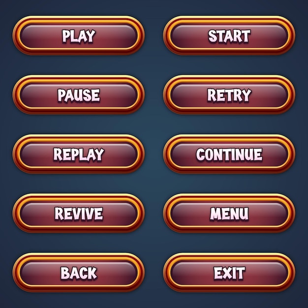 Conjunto de botones de juego marrones para juegos móviles con efecto de texto editable gui para construir juegos 2D