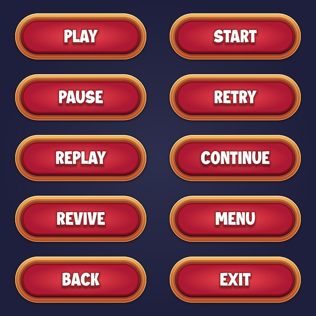 Vector conjunto de botones de juego rojos para juegos móviles con efecto de texto editable gui para construir juegos 2d