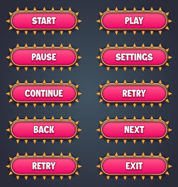 Conjunto de botones de juego rosados para juegos móviles con efecto de texto editable gui para construir juegos 2d