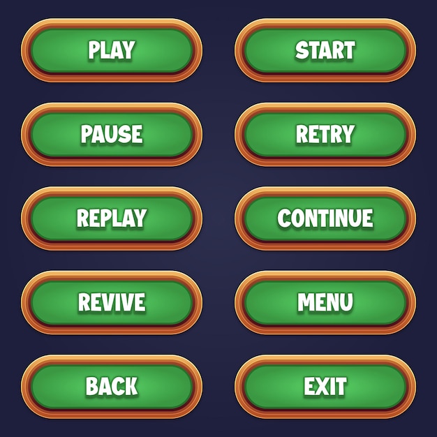 Vector conjunto de botones de juego verdes para juegos móviles con efecto de texto editable gui para construir juegos 2d