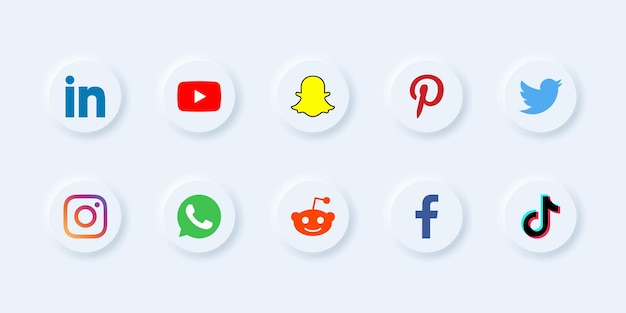 Conjunto de botones de logotipo de redes sociales populares de estilo neumórfico vectorial para diseño de interfaz de usuario