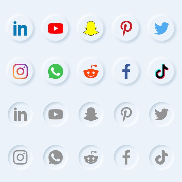 Conjunto de botones de logotipo de redes sociales populares de estilo neumórfico vectorial para diseño de interfaz de usuario