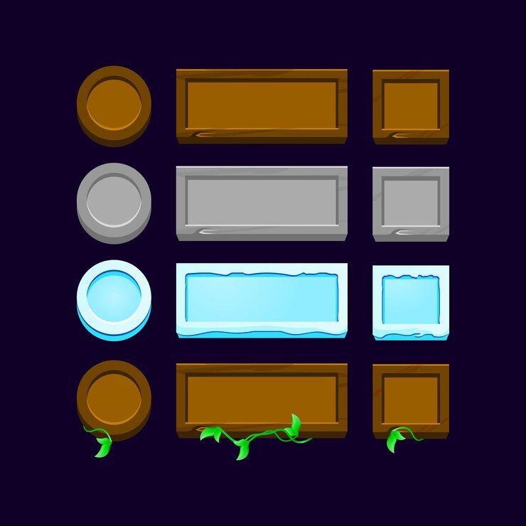 Vector conjunto de botones de madera, roca, hielo de ui de juego para elementos de activos de interfaz gráfica de usuario