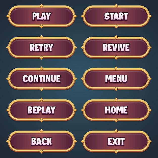 Conjunto de botones marrones de fantasía con efecto de texto editable diseño gui para construir juegos kit de botones de juego