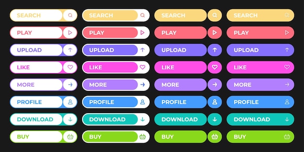 Conjunto de botones modernos de redes sociales Diferentes colores de gradiente e iconos en formas ovaladas con sombras