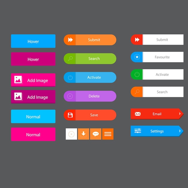 Conjunto de botones planos vectoriales modernos de moda Diferentes colores de formas principales e íconos con salientes negras