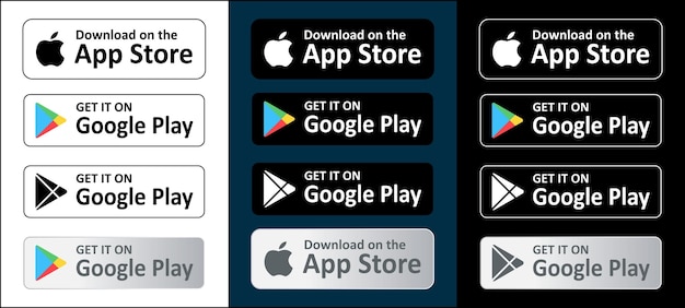 El conjunto de botones de Play Store App Store Google Play Store Apple App Store botones coloridos y blancos y negros