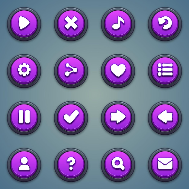 Conjunto de botones púrpuras para juegos móviles Interfaz de juego botones de dibujos animados ui juego kit de botones ui