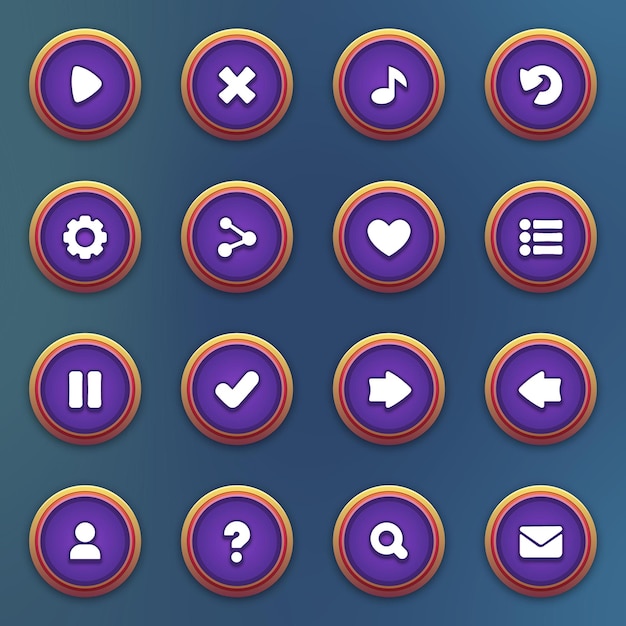 Conjunto de botones púrpuras para juegos móviles juego interfaz púrpura dibujos animados ui botones conjunto de elementos ui