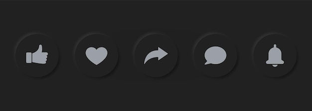 Conjunto de botones de redes sociales de neumorfismo Barra de botones acanalados de círculo oscuro para la interfaz de la aplicación