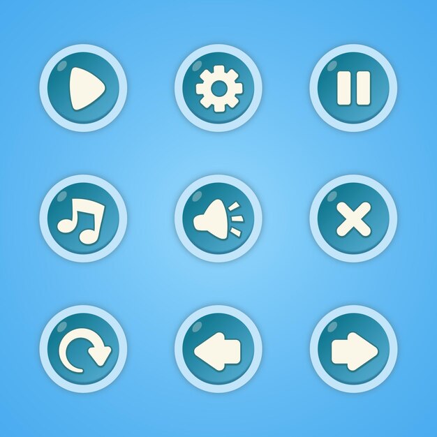 Conjunto de botones redondos al estilo de las caricaturas. Activos de juego 2d, vector aislado. Kit de botones para juegos