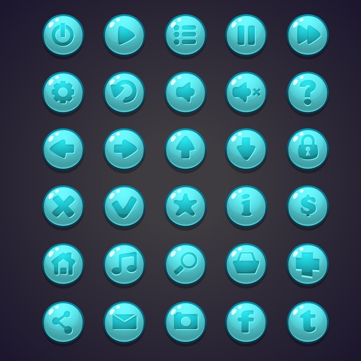 Vector conjunto de botones redondos azules para la interfaz de usuario de juegos de computadora y diseño web