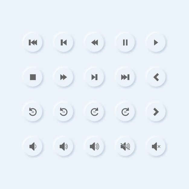 Conjunto de botones de reproducción de música de estilo neumórfico vectorial para el diseño de la interfaz de usuario