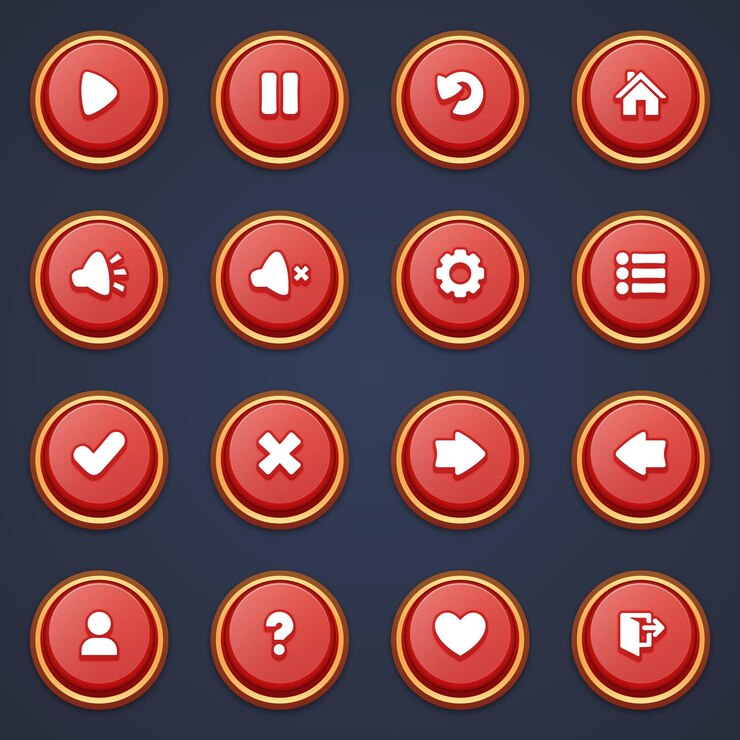 Vector conjunto de botones rojos para juegos móviles interfaz de juego caricatura ui botones juego ui botones kit