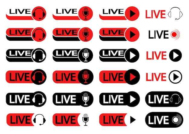 Conjunto de botones para transmisión en vivo. Conjunto de símbolos para transmisión en vivo, transmisión, transmisión en línea en color negro y rojo. Iconos con auriculares, micrófono y símbolo de reproducción para transmisión en línea. Vector