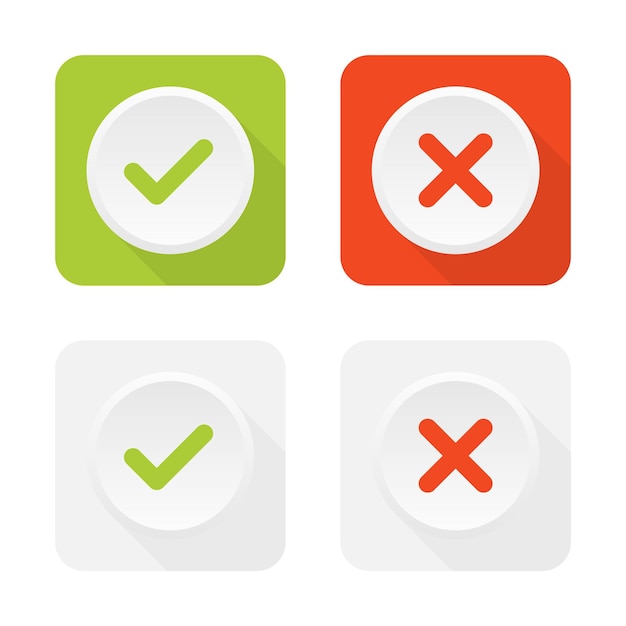 Conjunto de botones de vector de icono de elección. Marca de verificación verde y símbolo de cruz roja para el concepto correcto e incorrecto.
