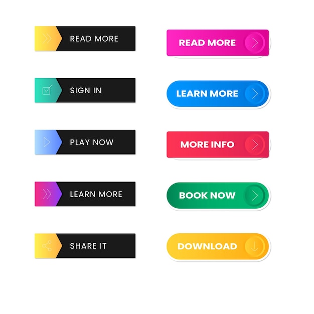 Conjunto de botones vectoriales modernos de moda colores de moda en fondo blanco Leer más aprender más comprar n