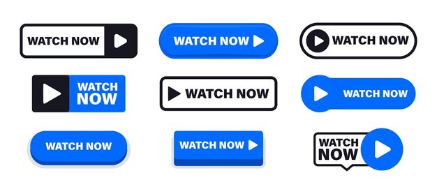 Conjunto de botones Ver ahora Reproducir botones de video en estilo plano Ver video Reproducir ahora Medios web Traducción en línea Conjunto de botones planos de moda modernos vectoriales para el elemento de interfaz de usuario del sitio web Ilustración vectorial