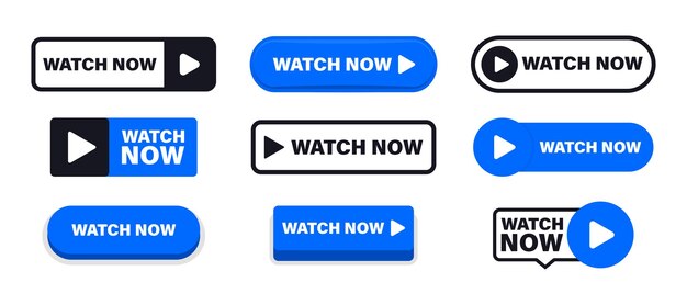 Conjunto de botones ver ahora reproducir botones de video en estilo plano ver video reproducir ahora medios web traducción en línea conjunto de botones planos de moda modernos vectoriales para el elemento de interfaz de usuario del sitio web ilustración vectorial