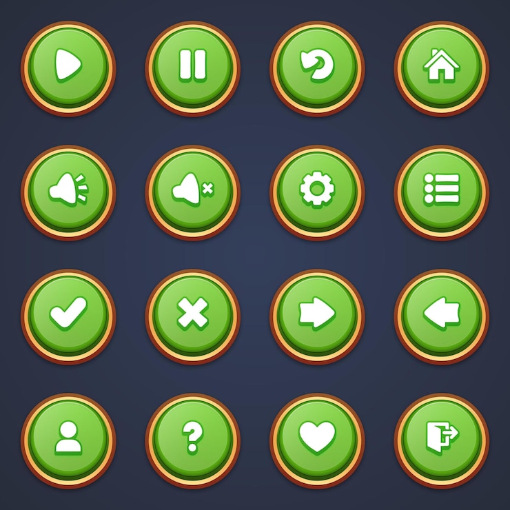 Vector conjunto de botones verdes para juegos móviles interfaz de juego caricatura ui botones juego ui botones kit