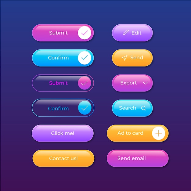Conjunto de botones web de colores con gradiente