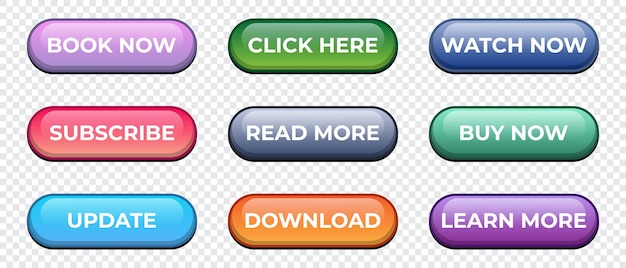 Conjunto de botones web coloridos Leer más aprender más comprar ahora descargar ver ahora reservar ahora elementos de diseño web ilustración vectorial