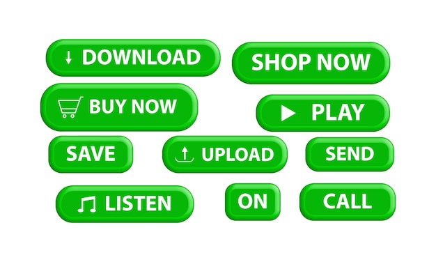 Conjunto de botones web para diferentes propósitos, colección de iconos de botón 3D en color verde.