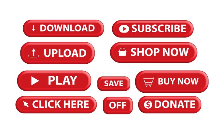 Vector conjunto de botones web para diferentes propósitos, colección de iconos de botones 3d en color rojo.