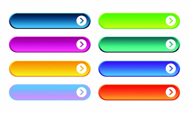 Conjunto de botones web gradiente de color sobre fondo blanco. Elementos web