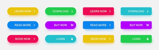 Conjunto de botones web vectoriales de diferentes colores botones planos minimalistas con sombras de color para aplicaciones de sitios web juegos de interfaz de usuario