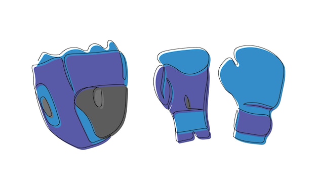 Vector conjunto de boxeo de colores con guantes y casco de una línea de arte guantes de mma de dibujo de línea continua