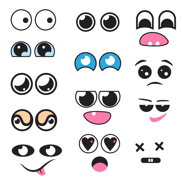 Conjunto de bozal de ojos y bocas de dibujos animados lindo vector