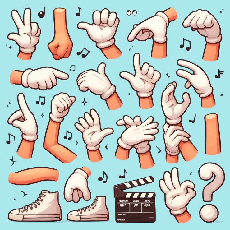 Conjunto de brazos y piernas divertidos muñecas de dibujos animados en guantes blancos con varios gestos pies de pie