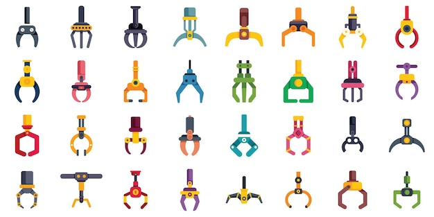 Conjunto de brazos robóticos coloridos con diferentes mecanismos de agarre para uso industrial