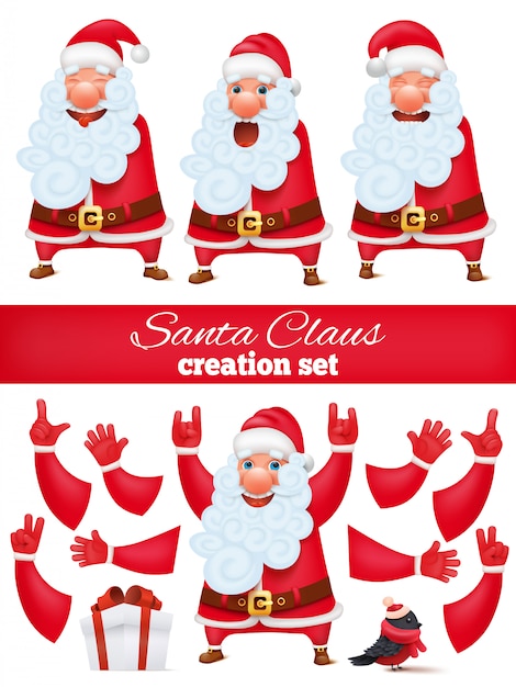 Conjunto de bricolaje creación de personaje de dibujos animados de santa claus. colección de diversas emociones y gestos.