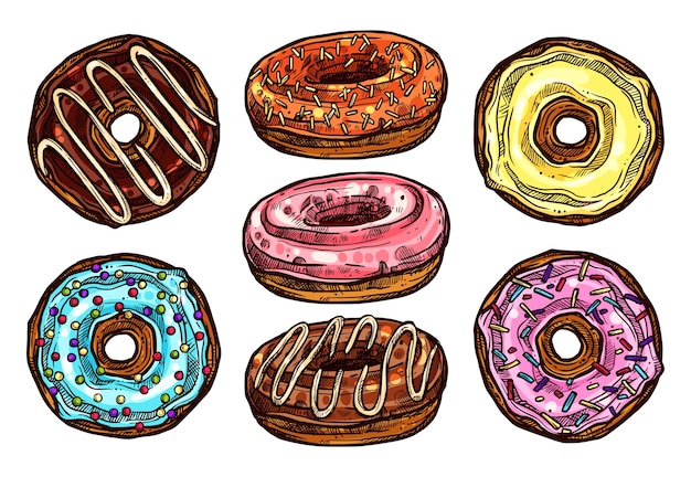 Conjunto brillante y colorido de donas en estilo de dibujo. Colección de postres dibujados a mano